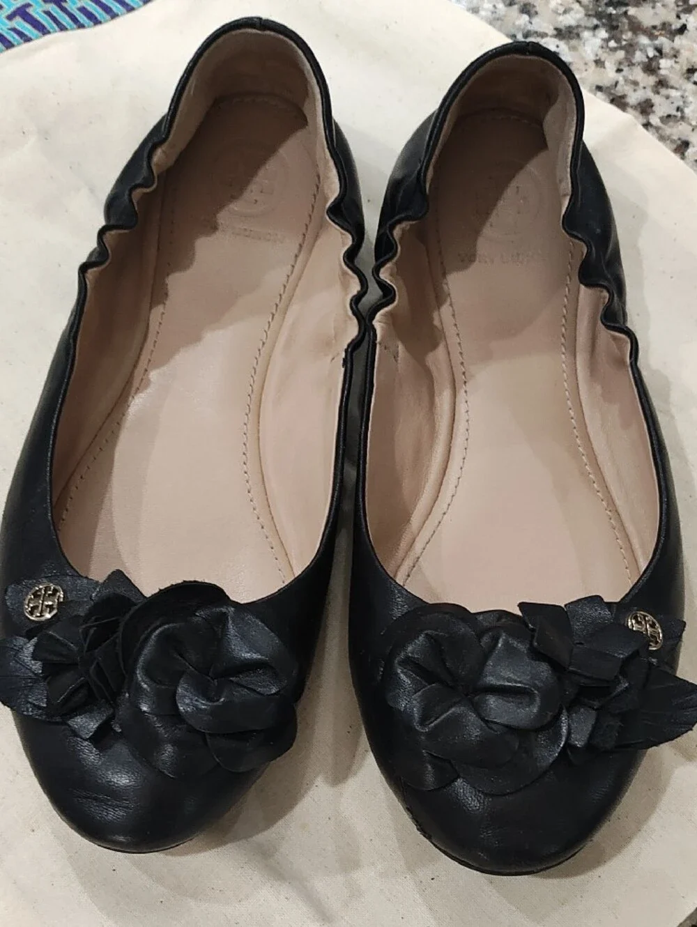Tory Burch Black Leather Floral Ballet Flats